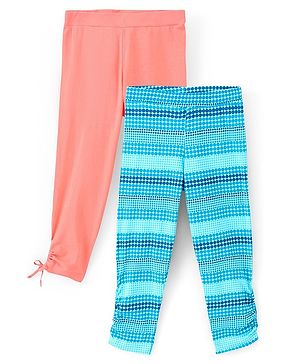 Pine Kids Three Fourth Length Cotton Biowashed Stretchable Leggings Striped & Solid Pack Of 2 - Blue Orange
