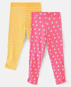 Pine Kids Three Fourth Stretchable Leggings Biowash With Stripe & Star Print Pack Of 2 - Pink White