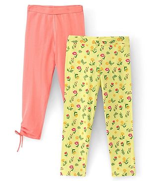 Pine Kids Ankle Length Biowashed Cotton Stretchable Leggings Solid & Floral Print Pack Of 2 - Yellow Peach