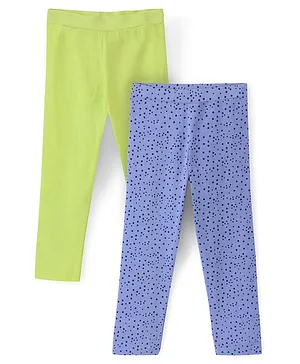 Pine Kids Knit Three Fourth Biowashed Stretchable Leggings Polka Dot Print And Solid Pack of 2- Green Blue
