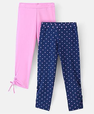 Pine Kids Knit Three Fourth Biowashed Stretchable Leggings Polka Dot Print And Solid Pack of 2- Purple Blue
