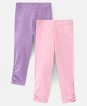 Pine Kids Three Fourth Length Biowashed Cotton Stretchable Solid Leggings Pack Of 2 - Violet Pink