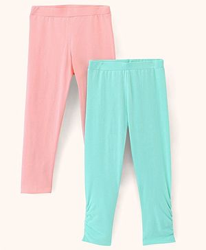 Pine Kids Three Fourth Length Biowashed Cotton Stretchable Leggings Solid & Leaf Print Pack Of 2 - Pink Green
