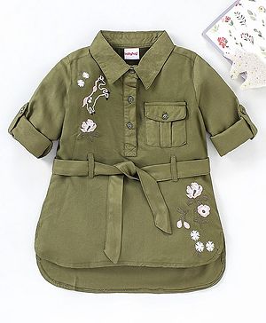 Babyhug 100% Full Sleeves 100% Rayon Twill Shirt Dress With Embroidery & Belt - Olive