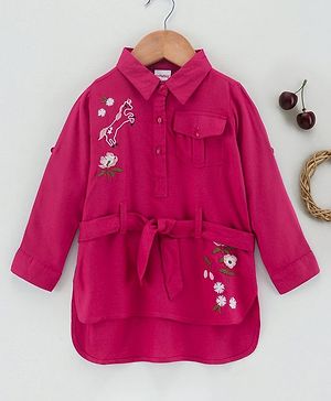 Babyhug Full Sleeves Embroideried Frock - Fuschia