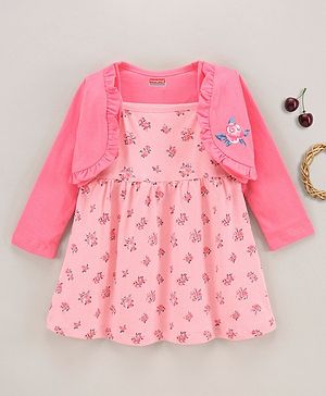 Babyhug Cotton Knit Sleeveless Frock Dress with Shrug Floral Print - Pink