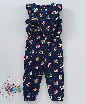 Babyhug 100% Cotton Frill Sleeves Jumpsuit Floral Print- Navy Blue