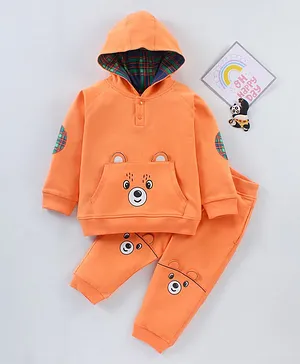 Babyhug Full Sleeves Bear Printed Hooded Tee & Lounge Pant - Orange