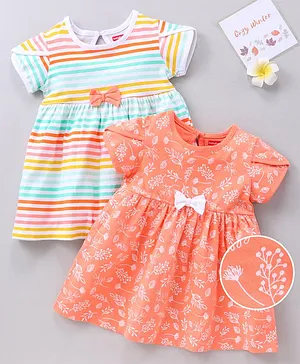 Babyhug 100% Cotton Half Sleeves Frocks Stripes & Leaves Print With Bow Applique Pack of 2- Orange White