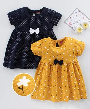 Babyhug 100% Cotton Half Sleeves Frocks Floral & Dot Print Pack Of 2 - Yellow Navy Blue