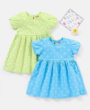 Babyhug 100% Cotton Half Sleeves Frocks Floral Print Pack of 2 - Green Blue