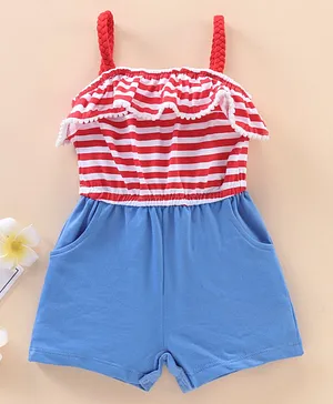Babyhug 100% Cotton Singlet Sleeves Striped Jumpsuit - Red