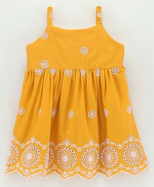 Babyhug Singlet Sleeves 100% Cotton Frock Floral Embroidered - Mustard