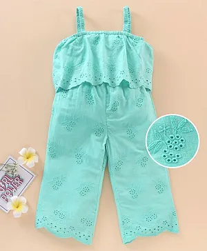 Babyhug 100% Cotton Singlet Sleeves Schiffli Solid Color Jumpsuit - Mint