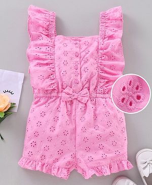 Babyhug 100% Cotton Sleeveless Solid Color Embroidered Jumpsuit With Bow Applique - Pink