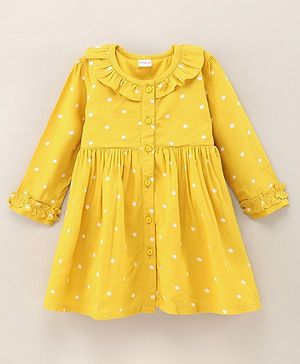 Babyhug Rayon Woven Full Sleeves Polka Dots Frock - Mustard