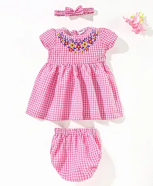 Babyhug 100% Cotton Short Sleeves Frocks With Headband & Bloomer Embroidered - Pink