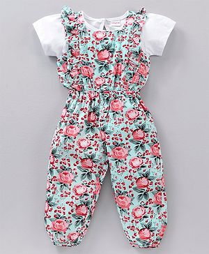 Babyhug Rayon Sleeveless Jumpsuit with Half Sleeves Inner Tee Floral Print - Light Green White