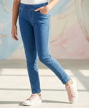 Pine Kids Cotton Full Length Stretchable Jeggings with Elasticated Waistband Washed - Light Blue
