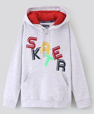 Pine Kids Hooded Full Sleeve Sweatshirt with Skater Print - Grey Melange