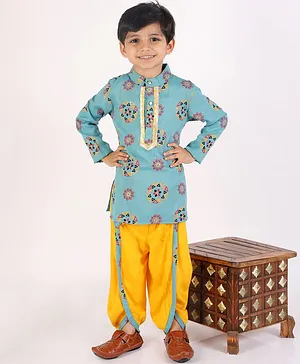 M'andy Full Sleeves Geometric Floral Printed Kurta With Solid Dhoti - Blue Yellow