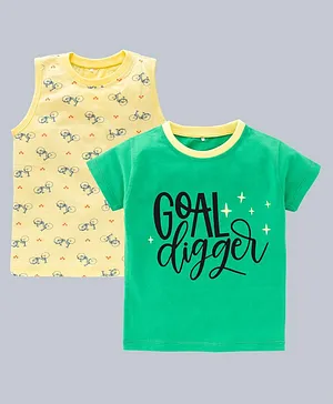 Kadam Baby Pack Of 2 Sleeveless And Half Sleeves Goal Digger And Bicycle Printed T Shirts - Green Yellow