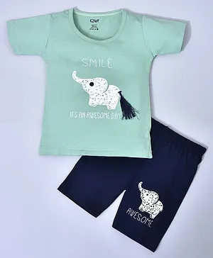 Kiwi 100% Cotton Half Sleeves Smile It's An Awesome Day Elephant Printed Tee & Shorts - Olive Green