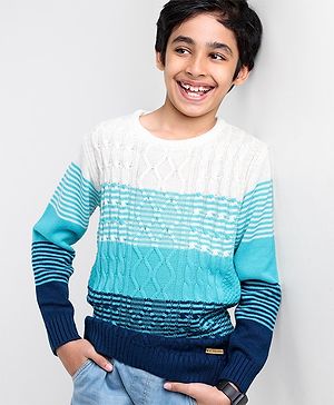 Pine Kids Moderate Winter Cable Knit Full Sleeves Sweater - White Navy Blue