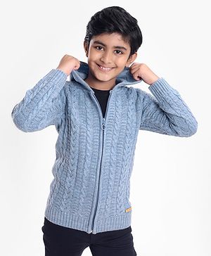 Pine Kids Full Sleeves Hooded Sweater With Cable Structure- Blue