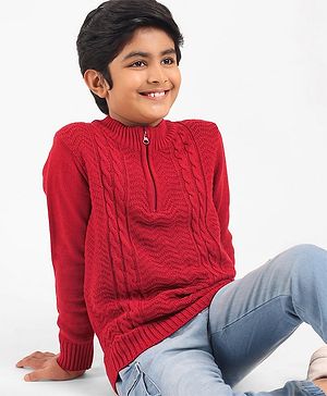 Pine Kids Full Sleeves Solid Sweater - Deep Red