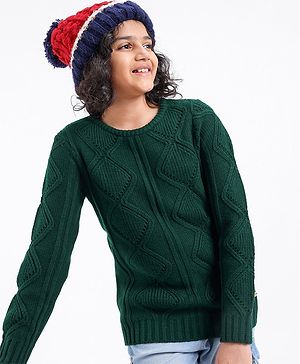 Pine Kids Fine Knit Full Sleeves Pullovers Sweaters Textured - Green