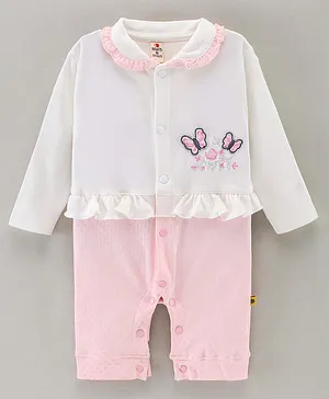 Brats And Dolls Cotton Knit Full Sleeves Embroiled Butterfly Rompers - Light Pink & White