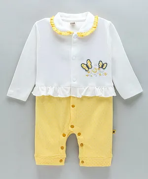 Brats And Dolls Cotton Knit Full Sleeves Embroiled Butterfly Rompers - Yellow & White
