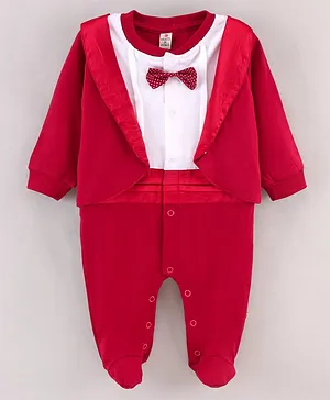 Brats And Dolls Party Wear Full Sleeves Footed Romper With Attached Blazzer And Bow Applique - Maroon