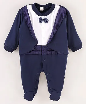 Brats And Dolls Party Wear Full Sleeves Footed Romper With Attached Blazer And Bow Applique - Blue