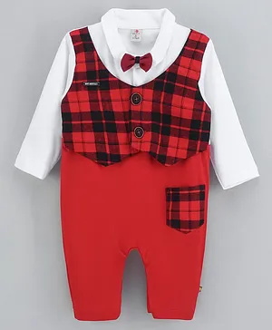 Brats And Dolls Cotton Knit Full Sleeves Checks Romper With Bow Applique - Red