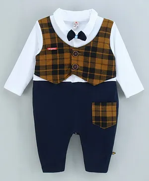 Brats And Dolls Cotton Knit Full Sleeves Checks Romper With Bow Applique - Navy