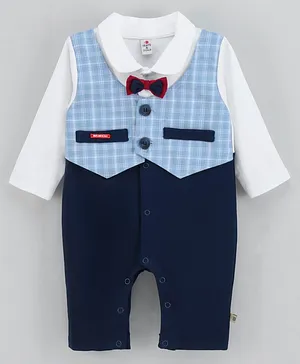 Brats And Dolls Cotton Knit Full Sleeves Checks Romper With Bow - Navy
