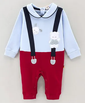 Brats And Dolls Cotton Knit Full Sleeves Bunny Patch Romper - Red & Blue