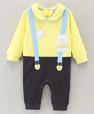Brats And Dolls Cotton Knit Full Sleeves Bunny Patch Romper - Yellow & Black