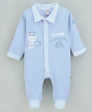 Brats And Doll Cotton Knit Full Sleeves Bear Patch Romper - Blue