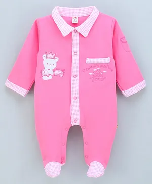 Brats And Doll Cotton Knit Full Sleeves Bear Patch Romper - Pink
