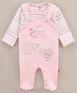 Brats And Dolls Cotton Knit Full Sleeves Bear Patch Dungaree Style Romper - Pink