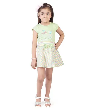 Tiny Girl Cap Sleeves Heart Printed Top & Striped Skirt - Green