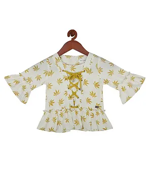 Tiny Girl Full Bell Sleeves Leaves Print Front Knotted Top - Yellow