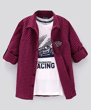 Pine Kids Full Sleeves Softner Wash Check Shirt With Inner Sleeveless T-Shirt - Maroon