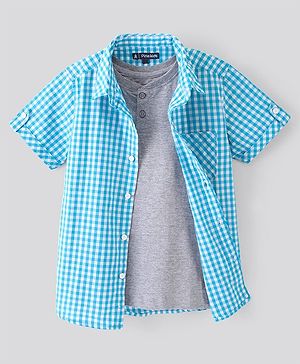 Pine Kids Half Sleeves Softener Wash Checked Shirt Solid Color Inner Tee - Sky Blue