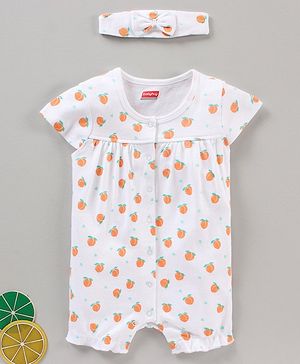 Babyhug 100% Cotton Short Cap Sleeves Printed Rompers With Headband - White
