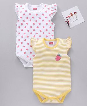 Babyhug 100% Cotton Frill Sleeves Onesies Stripes & Strawberry Print Pack of 2- Yellow & White