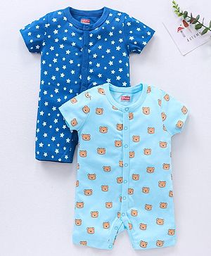 Babyhug 100% Cotton Knit Romper Pack of 2 Bear and Star Print - Navy Blue